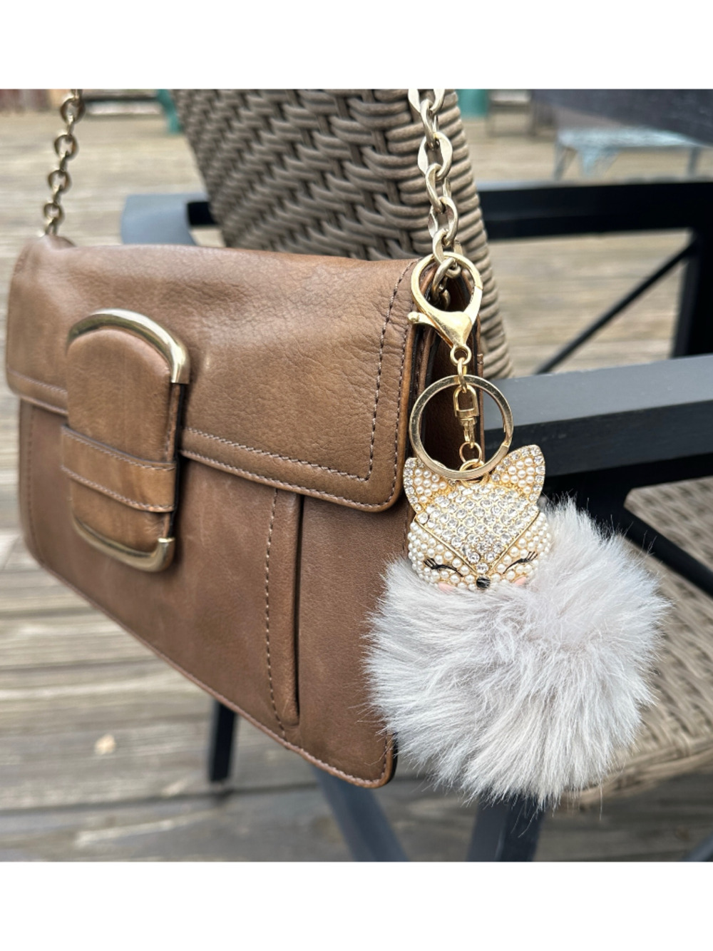 Gray Faux Fur Pom Pom Handbag Charm Key Chain 5.5” Fox Jewelry Accessory